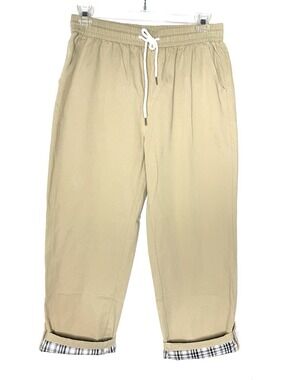 EUC-Real Takai Khaki/Beige Plaid Cuff Drawstring Elastic Waist Pull-On Pants SM